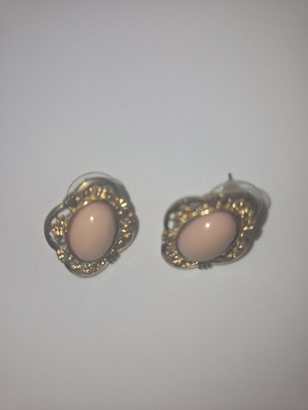 Vintage Pierced Gold-Tone Earrings with Pink Cabochon
